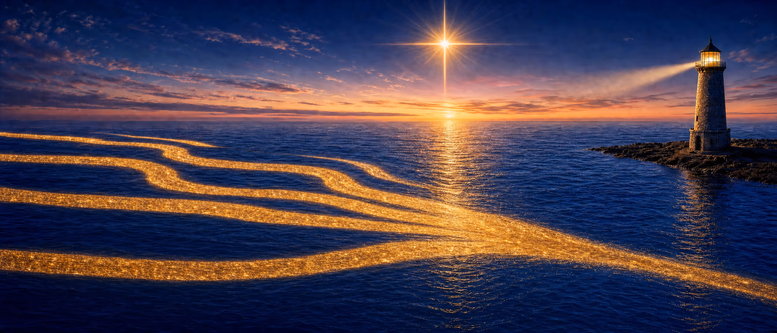 Vier goldene Wasserwege fließen zu einem Strom zusammen, rechts ein Leuchtturm, darüber der Stern Stella Maris
