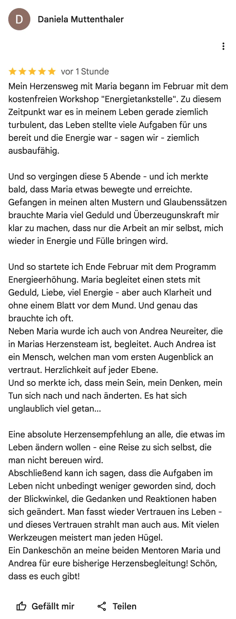 Bewertung von Daniela Muttenthaler auf Google, September 2026