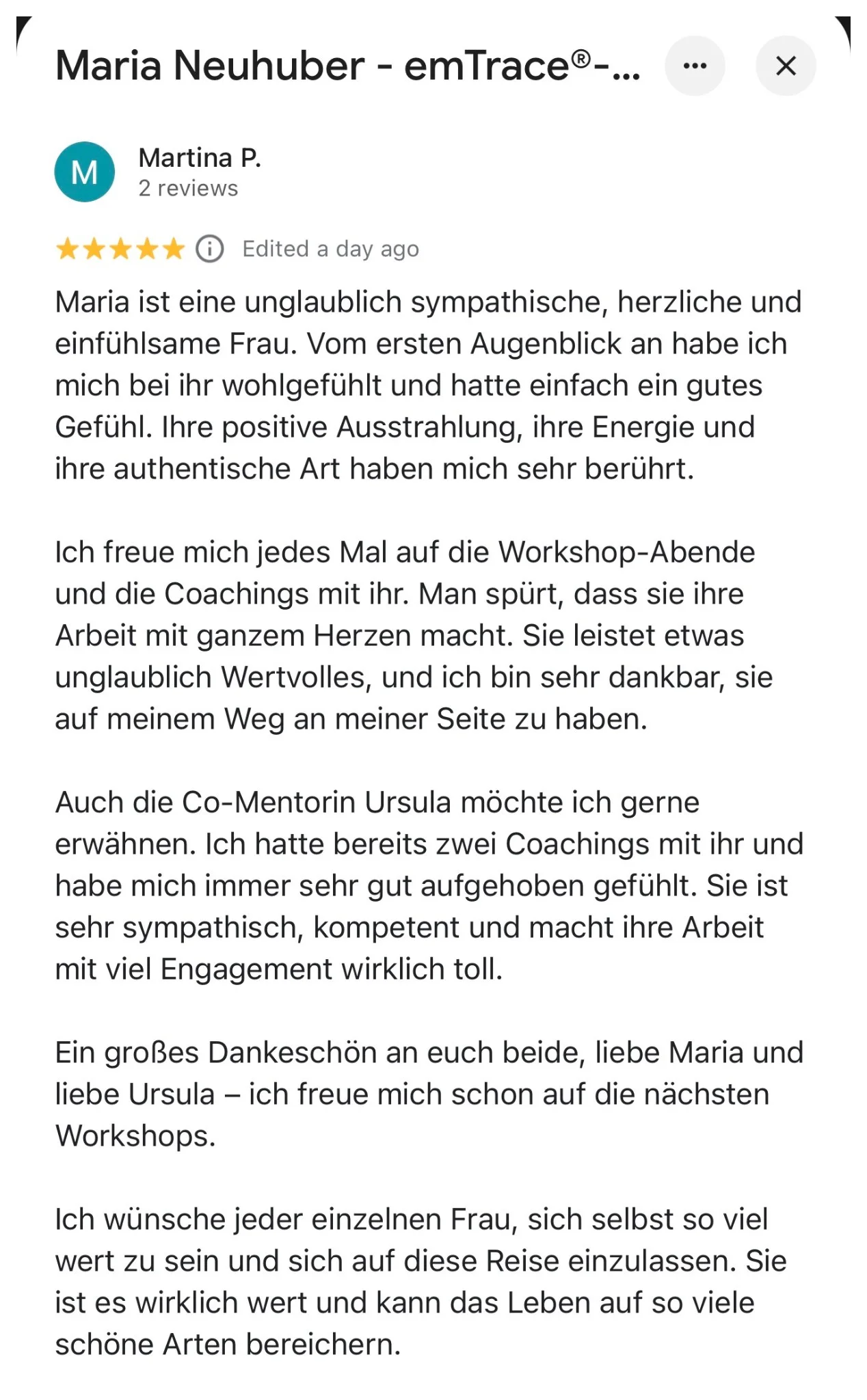Bewertung von Martina P. auf Google