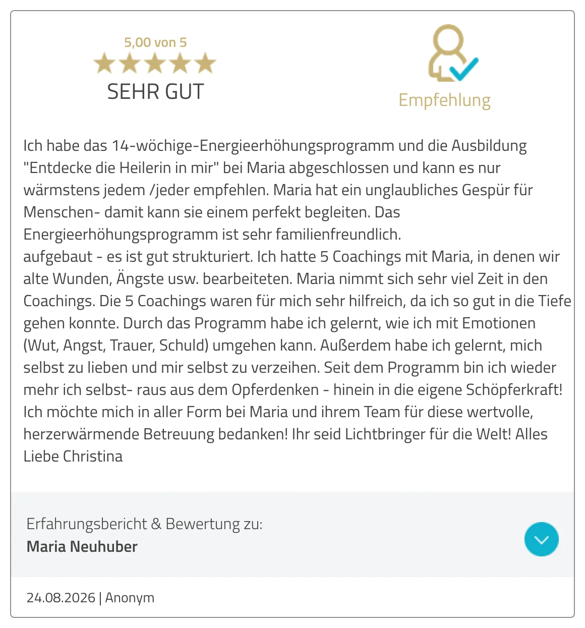 Bewertung von Christina auf ProvenExpert, 24.08.2026