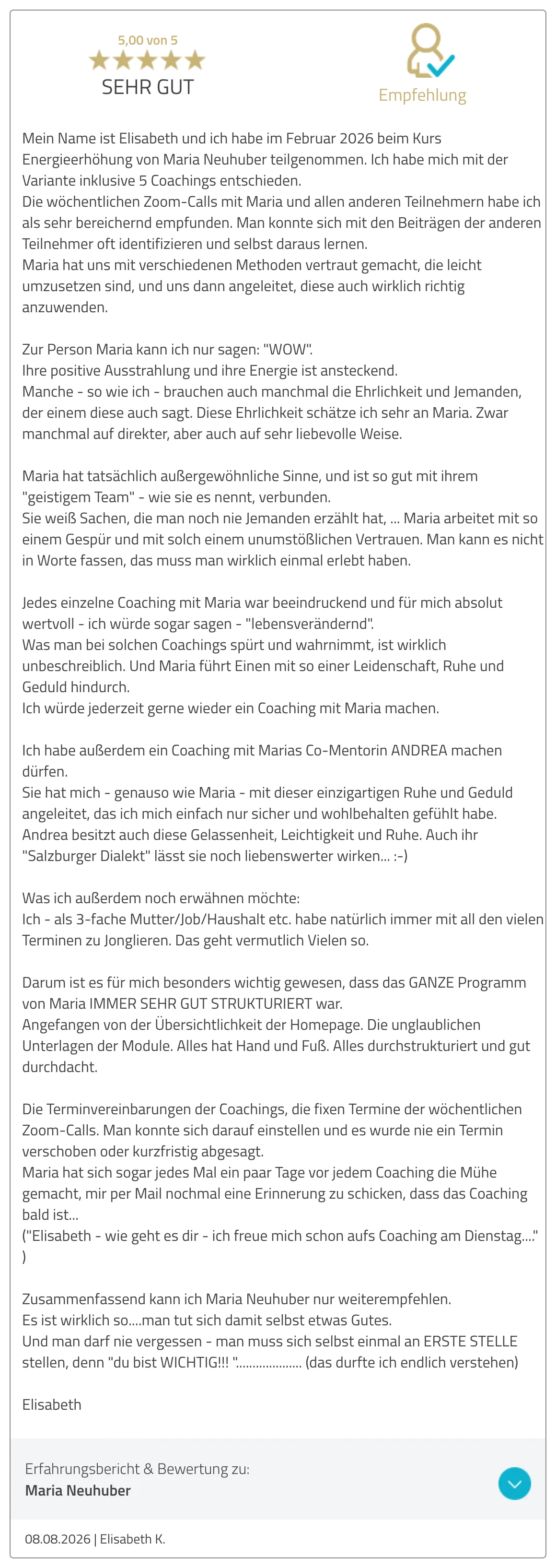 Bewertung von Elisabeth K. auf ProvenExpert, 08.08.2026