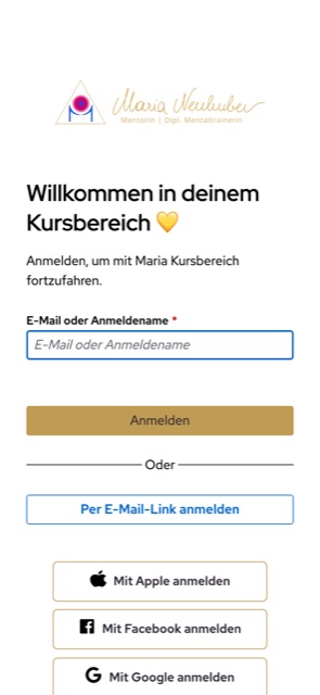 Anmeldeseite mit E-Mail-Feld, E-Mail-Link und den Knöpfen für Apple, Facebook und Google