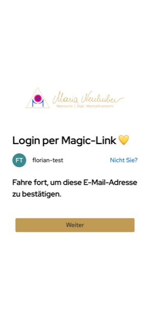 Bestätigungsseite nach dem E-Mail-Link mit dem Knopf Weiter