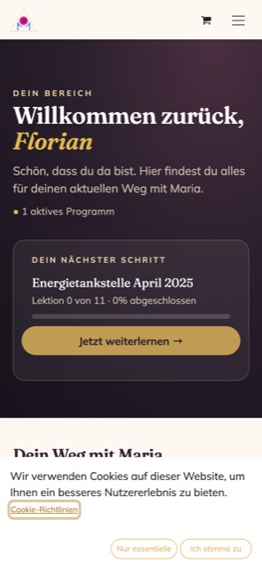 Startseite des Kursbereichs mit Willkommen zurück